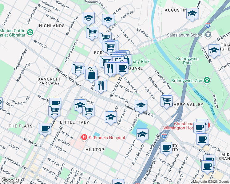 map of restaurants, bars, coffee shops, grocery stores, and more near 1506 West 13th Street in Wilmington