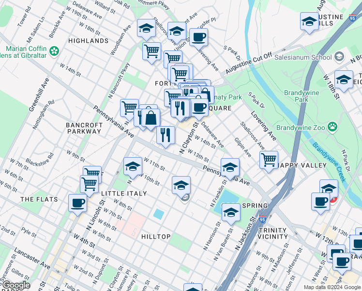 map of restaurants, bars, coffee shops, grocery stores, and more near 1506 West 13th Street in Wilmington