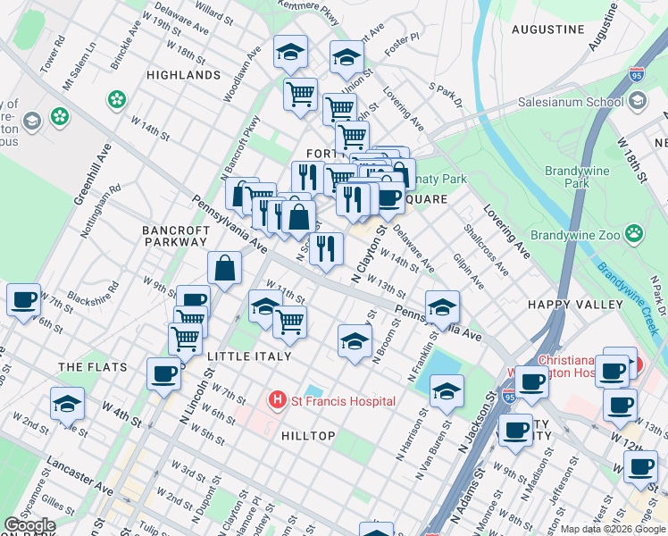 map of restaurants, bars, coffee shops, grocery stores, and more near 1607 Pennsylvania Avenue in Wilmington