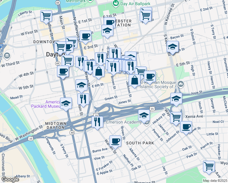 map of restaurants, bars, coffee shops, grocery stores, and more near 77 Green Street in Dayton
