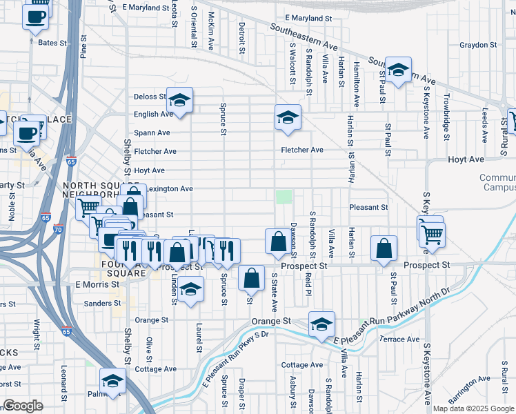 map of restaurants, bars, coffee shops, grocery stores, and more near 1623 Pleasant Street in Indianapolis