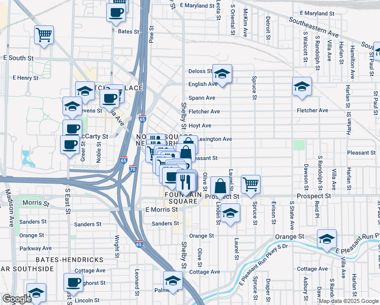 map of restaurants, bars, coffee shops, grocery stores, and more near 901 Shelby Street in Indianapolis
