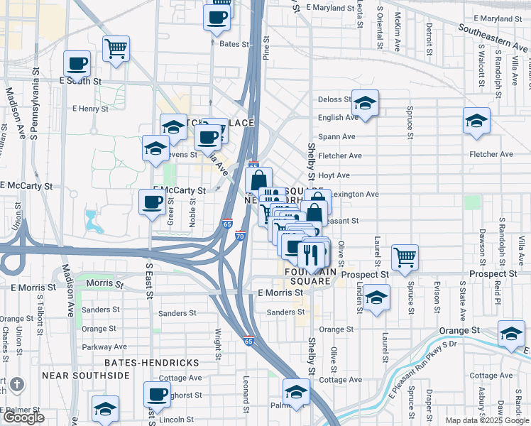 map of restaurants, bars, coffee shops, grocery stores, and more near 928 Virginia Avenue in Indianapolis