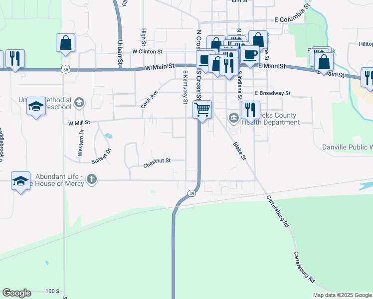map of restaurants, bars, coffee shops, grocery stores, and more near 304 Chestnut Street in Danville