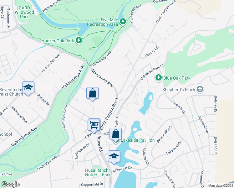 map of restaurants, bars, coffee shops, grocery stores, and more near Manzanita Ave & Chico Canyon Road in Chico
