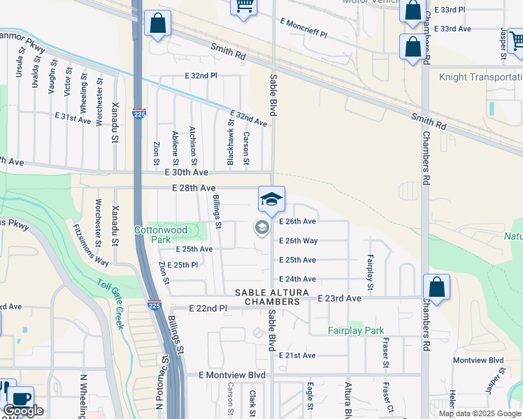 map of restaurants, bars, coffee shops, grocery stores, and more near 2581 Sable Boulevard in Aurora