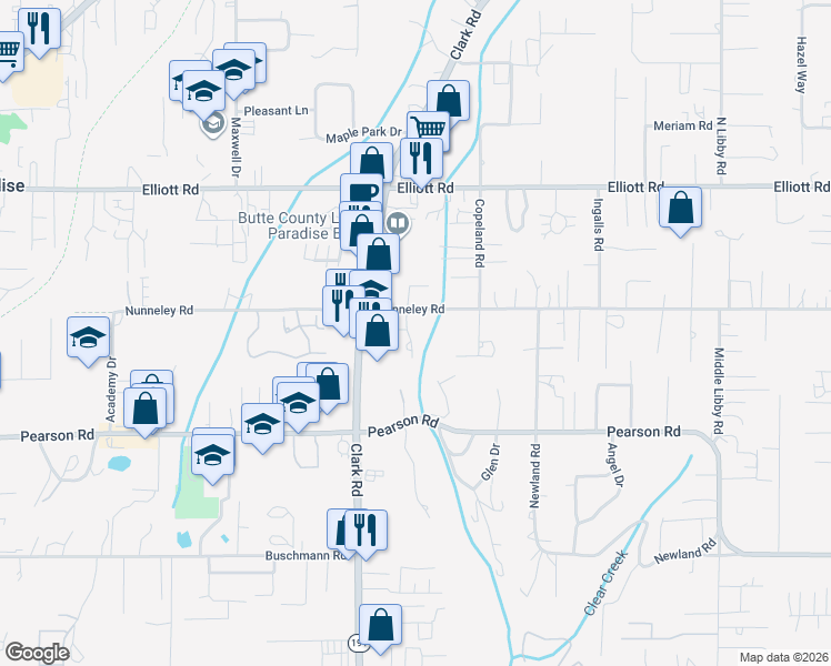 map of restaurants, bars, coffee shops, grocery stores, and more near 5820 Golden Oaks Road in Paradise
