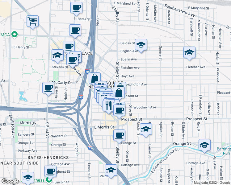 map of restaurants, bars, coffee shops, grocery stores, and more near 1055 Elm Street in Indianapolis