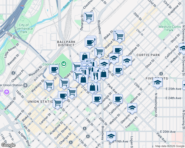 map of restaurants, bars, coffee shops, grocery stores, and more near 2201 Lawrence Street in Denver