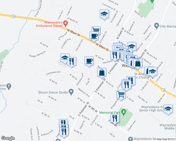 map of restaurants, bars, coffee shops, grocery stores, and more near 212 Park Street in Waynesboro