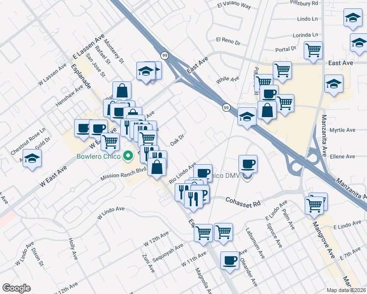 map of restaurants, bars, coffee shops, grocery stores, and more near 2344 Porter Way in Chico