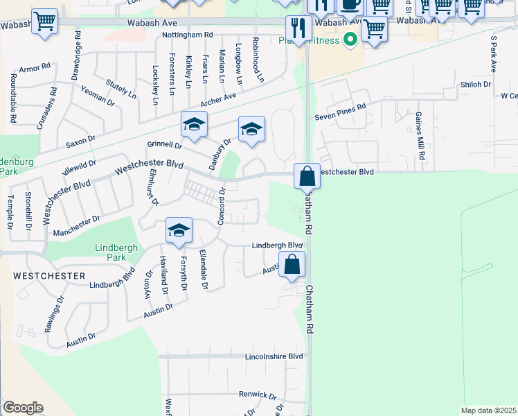 map of restaurants, bars, coffee shops, grocery stores, and more near 3134 Cumberland Drive in Springfield