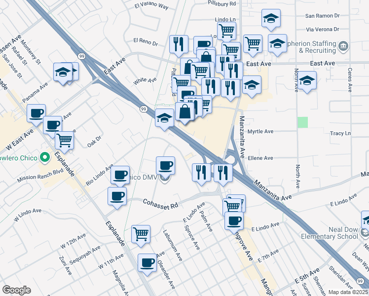 map of restaurants, bars, coffee shops, grocery stores, and more near 2201 Pillsbury Road in Chico