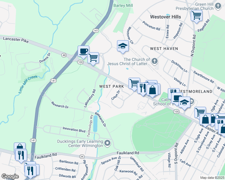 map of restaurants, bars, coffee shops, grocery stores, and more near 10 Imperial Drive in Wilmington