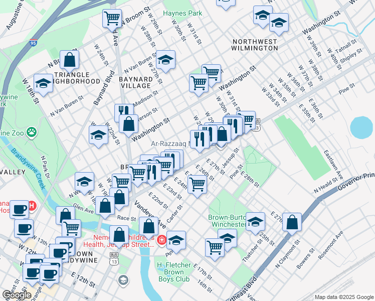 map of restaurants, bars, coffee shops, grocery stores, and more near 117 West 26th Street in Wilmington