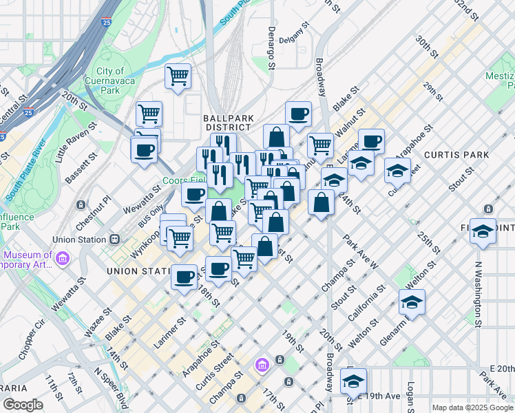 map of restaurants, bars, coffee shops, grocery stores, and more near 2101 Market Street in Denver
