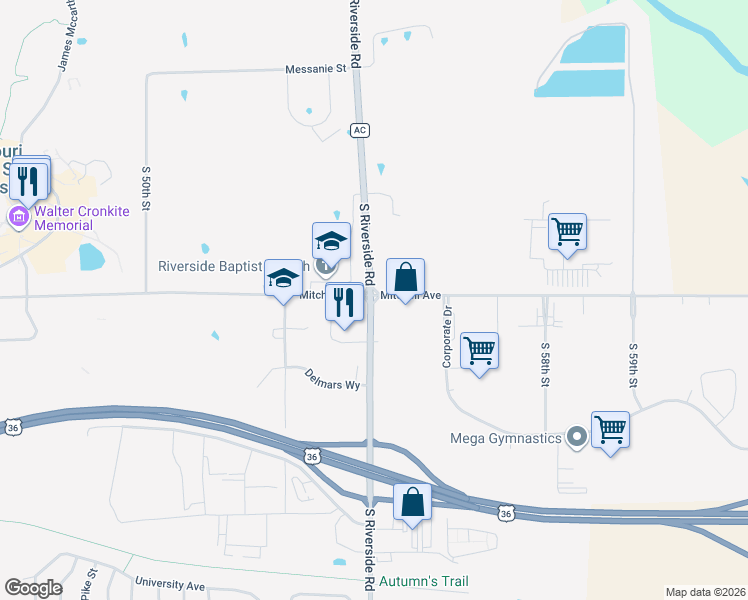 map of restaurants, bars, coffee shops, grocery stores, and more near 1152-1186 South Riverside Road in Saint Joseph