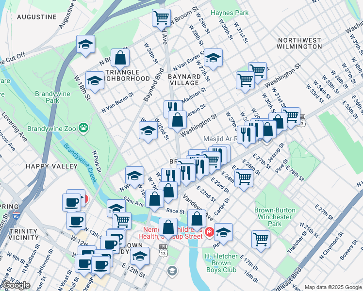 map of restaurants, bars, coffee shops, grocery stores, and more near 223 Concord Avenue in Wilmington