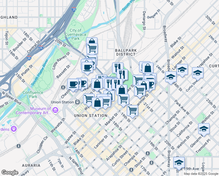 map of restaurants, bars, coffee shops, grocery stores, and more near 2001 Blake Street in Denver