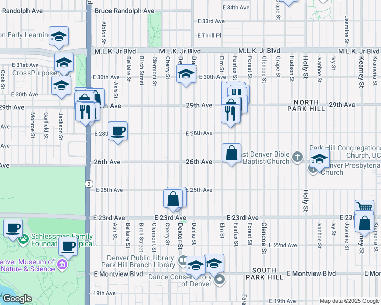 map of restaurants, bars, coffee shops, grocery stores, and more near 2668 Dexter Street in Denver