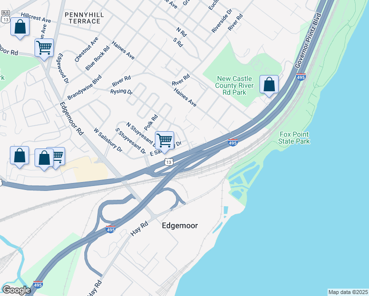 map of restaurants, bars, coffee shops, grocery stores, and more near 4865 Governor Printz Boulevard in Wilmington