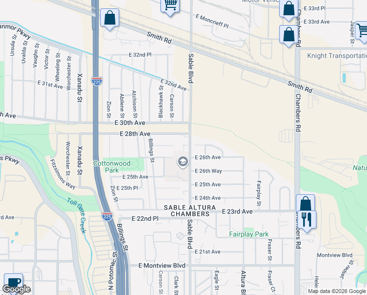 map of restaurants, bars, coffee shops, grocery stores, and more near 14340 East 28th Avenue in Aurora