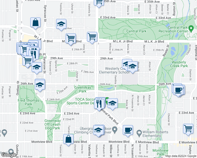 map of restaurants, bars, coffee shops, grocery stores, and more near 2796 Central Park Boulevard in Denver
