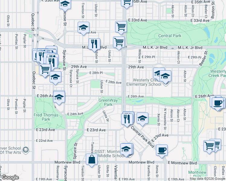 map of restaurants, bars, coffee shops, grocery stores, and more near 8294 East 28th Avenue in Denver