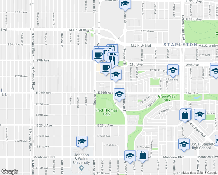 map of restaurants, bars, coffee shops, grocery stores, and more near 7484 East 28th Avenue in Denver