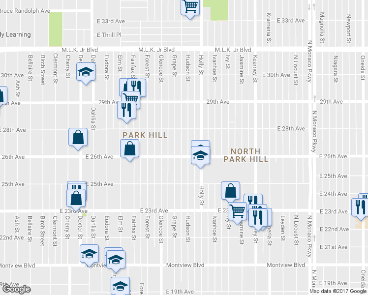 map of restaurants, bars, coffee shops, grocery stores, and more near 2677 Hudson Street in Denver