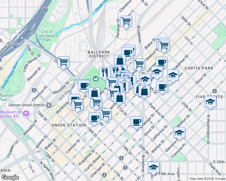 map of restaurants, bars, coffee shops, grocery stores, and more near 2200 Market Street in Denver