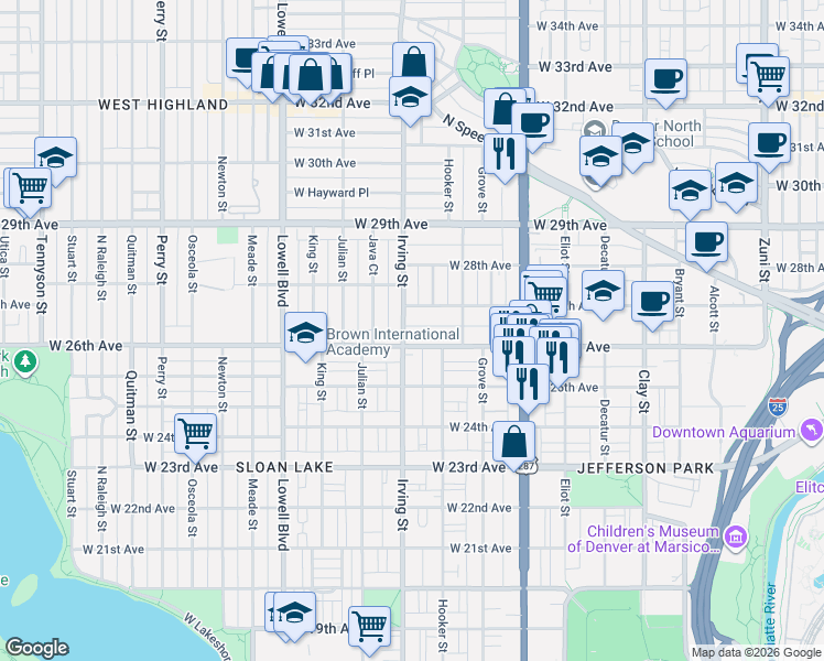 map of restaurants, bars, coffee shops, grocery stores, and more near in Denver