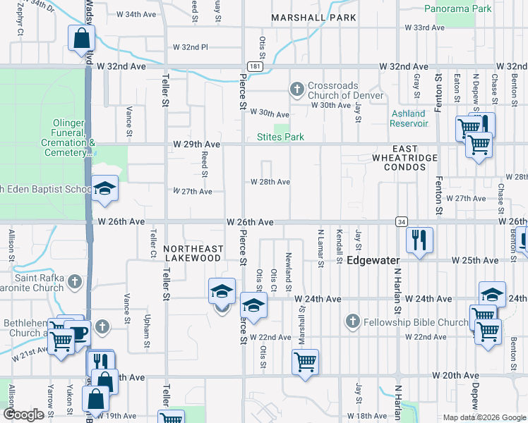 map of restaurants, bars, coffee shops, grocery stores, and more near 6680 West 28th Avenue in Wheat Ridge