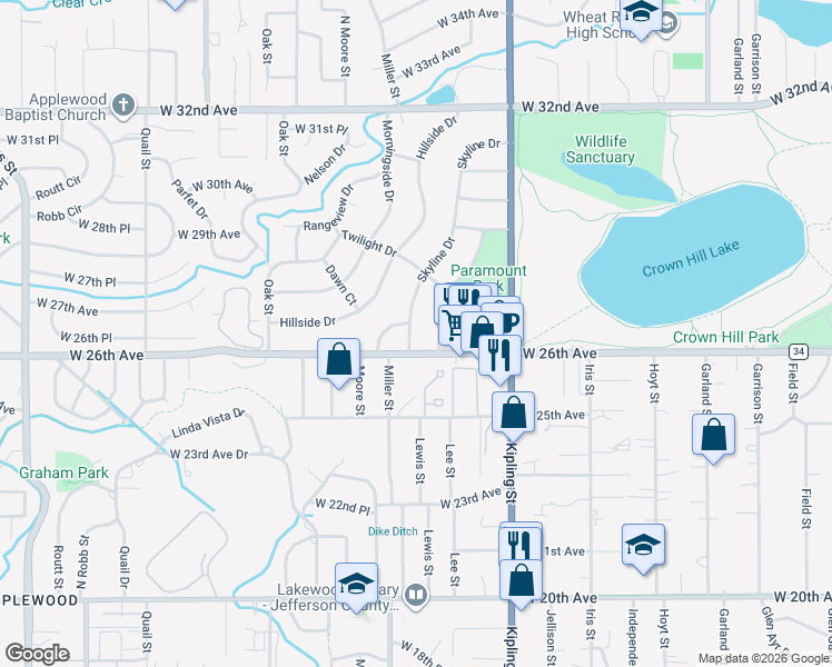 map of restaurants, bars, coffee shops, grocery stores, and more near 9 Circle Drive in Wheat Ridge