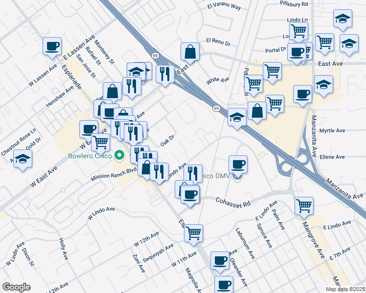 map of restaurants, bars, coffee shops, grocery stores, and more near 62 Oak Drive in Chico