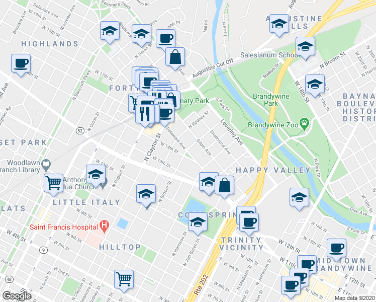 map of restaurants, bars, coffee shops, grocery stores, and more near 1407 Delaware Avenue in Wilmington
