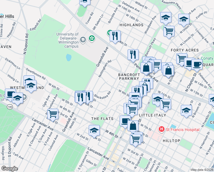 map of restaurants, bars, coffee shops, grocery stores, and more near in Wilmington
