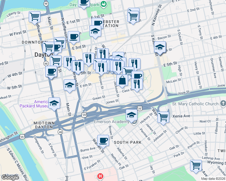 map of restaurants, bars, coffee shops, grocery stores, and more near 20 Trimbach Lane in Dayton