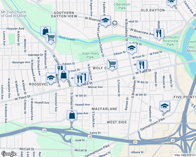 map of restaurants, bars, coffee shops, grocery stores, and more near 1518 West 2nd Street in Dayton