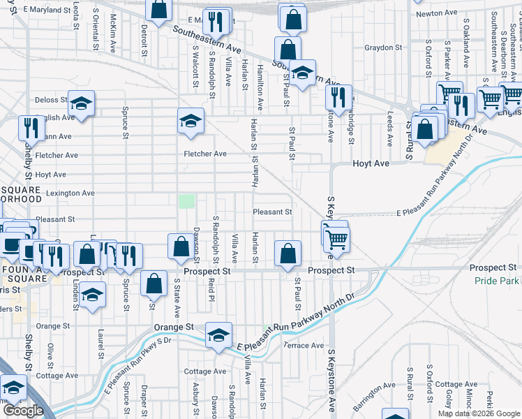 map of restaurants, bars, coffee shops, grocery stores, and more near 2117 Lexington Avenue in Indianapolis