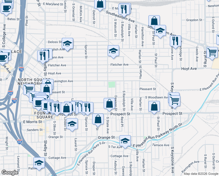 map of restaurants, bars, coffee shops, grocery stores, and more near 801 South State Avenue in Indianapolis