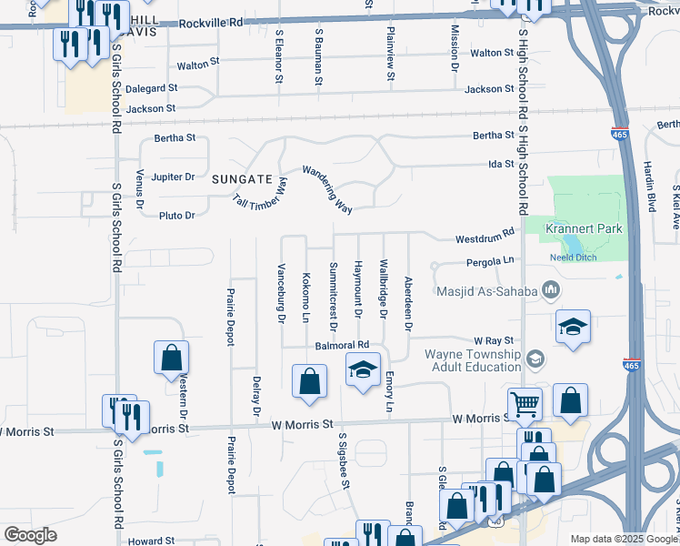 map of restaurants, bars, coffee shops, grocery stores, and more near 641 Summitcrest Drive in Indianapolis