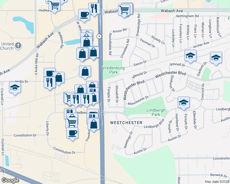 map of restaurants, bars, coffee shops, grocery stores, and more near 2620 Idlewild Drive in Springfield