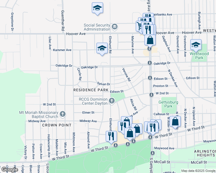 map of restaurants, bars, coffee shops, grocery stores, and more near 711 Elmhurst Road in Dayton