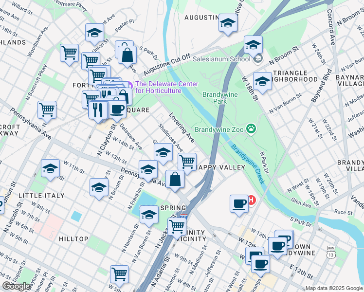 map of restaurants, bars, coffee shops, grocery stores, and more near 1215 Shallcross Avenue in Wilmington