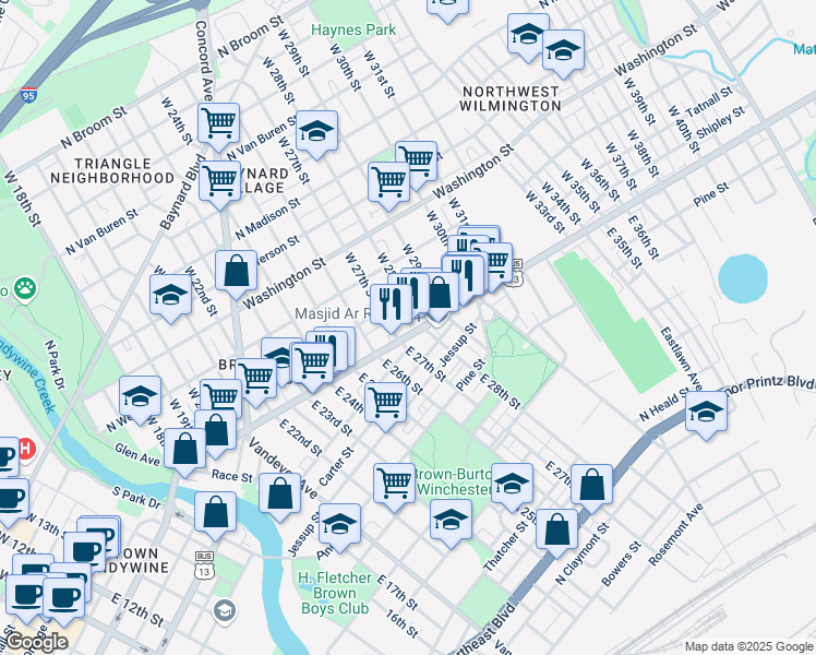 map of restaurants, bars, coffee shops, grocery stores, and more near 2709 North Market Street in Wilmington