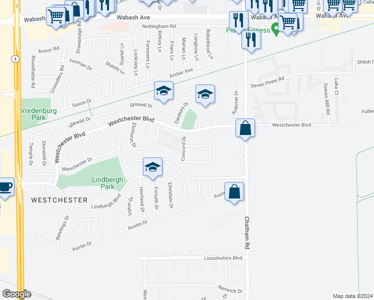 map of restaurants, bars, coffee shops, grocery stores, and more near 3116 Concord Drive in Springfield