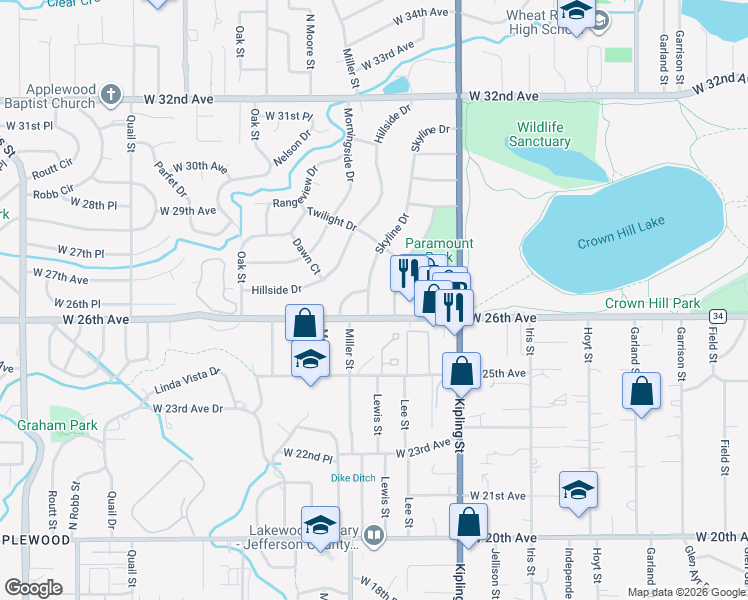 map of restaurants, bars, coffee shops, grocery stores, and more near 9 Circle Drive in Wheat Ridge