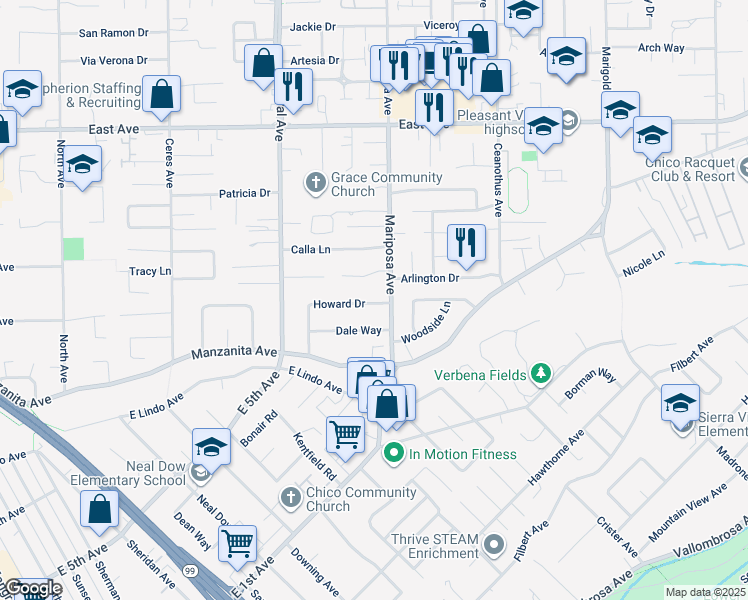 map of restaurants, bars, coffee shops, grocery stores, and more near 1292 Howard Dr in Chico