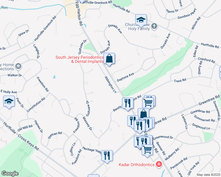 map of restaurants, bars, coffee shops, grocery stores, and more near 49 Abbington Lane in Washington Township